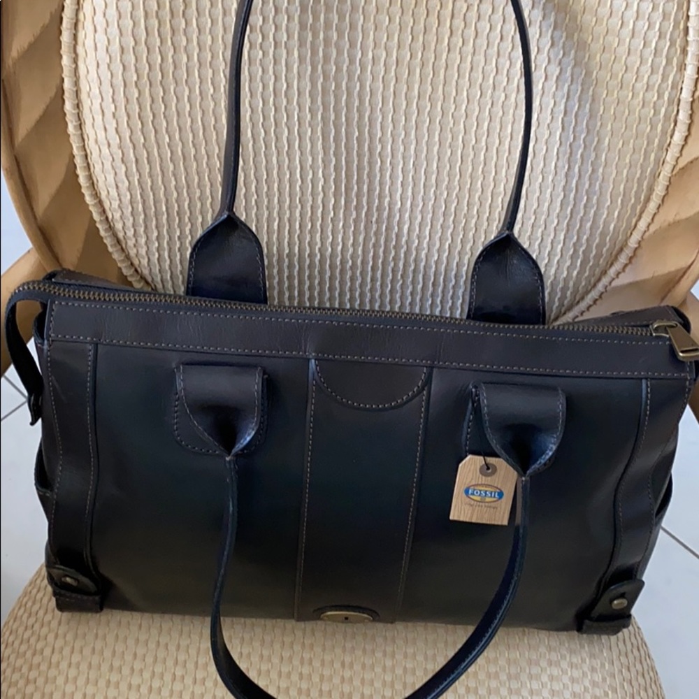 NWT! Black leather Fossil VRI Top Zip Handbag - Picture 5 of 6